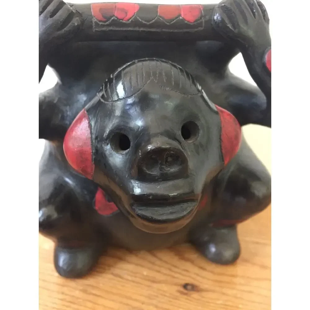 Vtg Handmade Barro Negro Black Pottery Mexican Figure Flower Vase Pot Planter